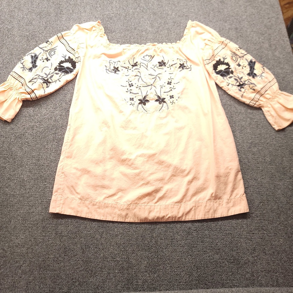 Free People Peach Embroidered Peasant Top Boho Puff Sleeve Cotton Blouse Small P